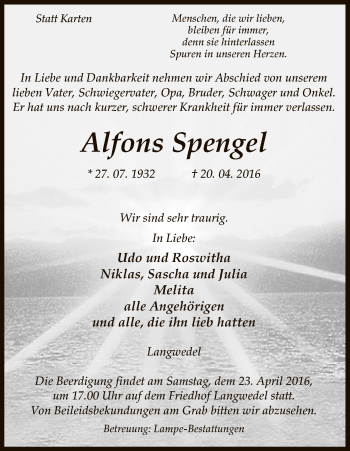 Traueranzeige von Alfons Spengel von Uelzen