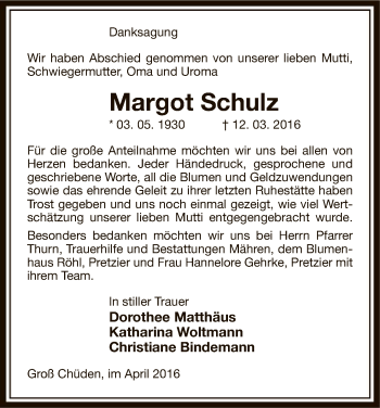 Traueranzeige von Margot Schulz von Uelzen