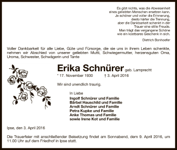 Traueranzeige von Erika Schnürer von Uelzen