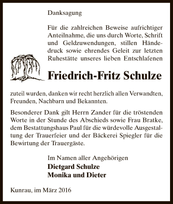 Traueranzeige von Friedrich-Fritz Schulze von Uelzen