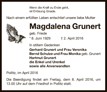 Traueranzeige von Magdalena Grunert von Uelzen