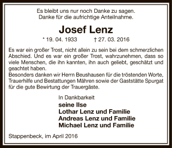 Traueranzeige von Josef Lenz von Uelzen