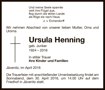 Traueranzeige von Ursula Henning von Uelzen