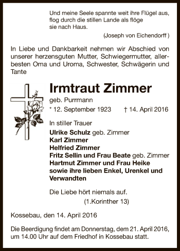 Traueranzeige von Irmtraut Zimmer von Uelzen