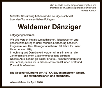 Traueranzeige von Waldemar Dänziger von Uelzen