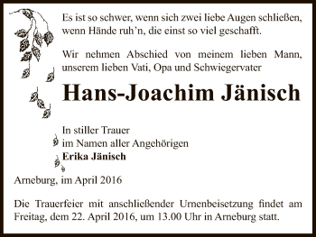 Traueranzeige von Hans-Joachim Jänisch von Uelzen