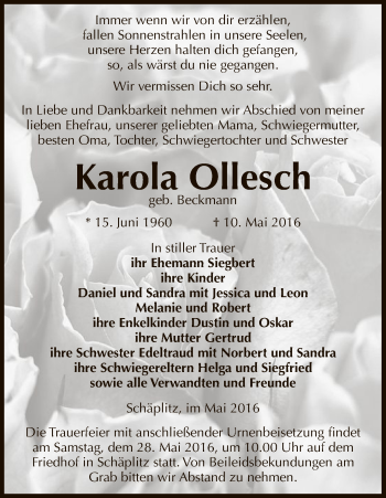 Traueranzeige von Karola Ollesch von Uelzen