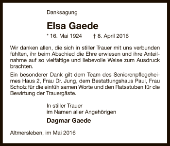 Traueranzeige von Elsa Gaede von Uelzen