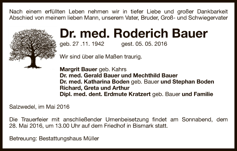  Traueranzeige für Roderich Bauer vom 10.05.2016 aus Uelzen