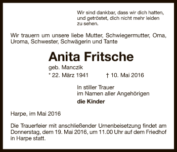 Traueranzeige von Anita Fritsche von Uelzen