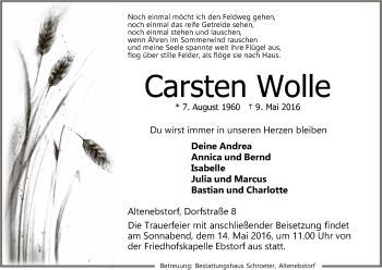 Traueranzeige von Carsten Wolle von Uelzen