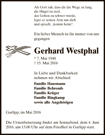 Traueranzeige von Gerhard Westphal von Uelzen