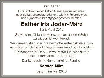 Traueranzeige von Esther Iris Jodar-März von Uelzen