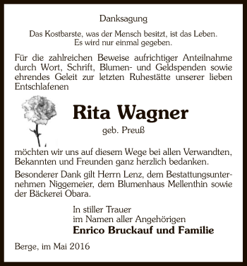 Traueranzeige von Rita Wagner von Uelzen