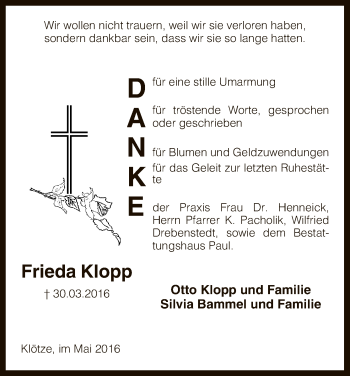 Traueranzeige von Frieda Klopp von Uelzen