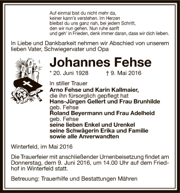 Traueranzeige von Johannes Fehse von Uelzen