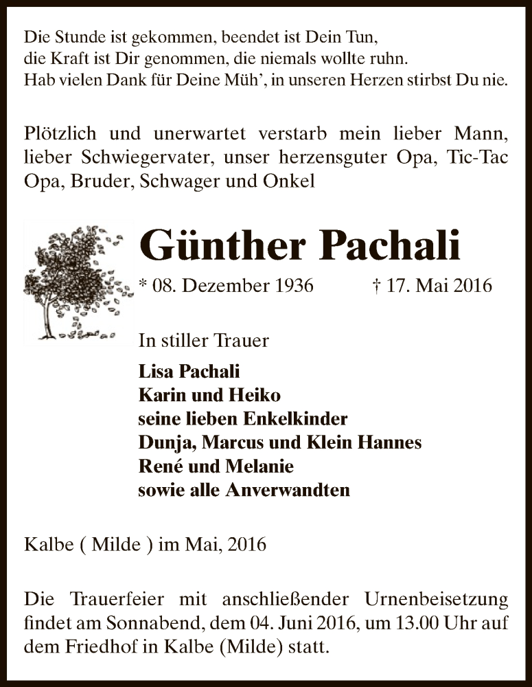  Traueranzeige für Günther Pachali vom 19.05.2016 aus Uelzen