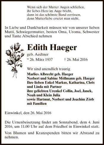 Traueranzeige von Edith Haeger von Uelzen