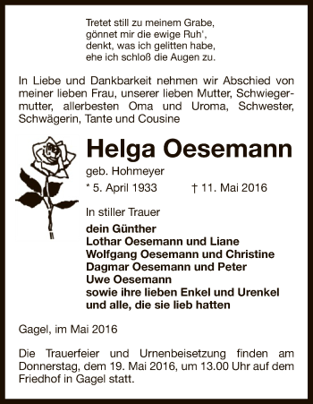 Traueranzeige von Helga Oesemann von Uelzen