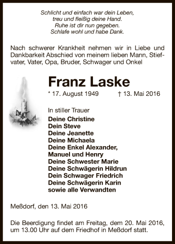 Traueranzeige von Franz Laske von Uelzen