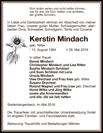 Traueranzeige von Kerstin Mindach von Uelzen