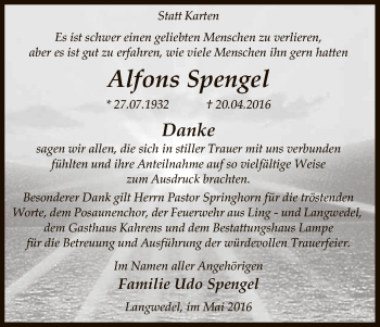 Traueranzeige von Alfons Spengel von Uelzen