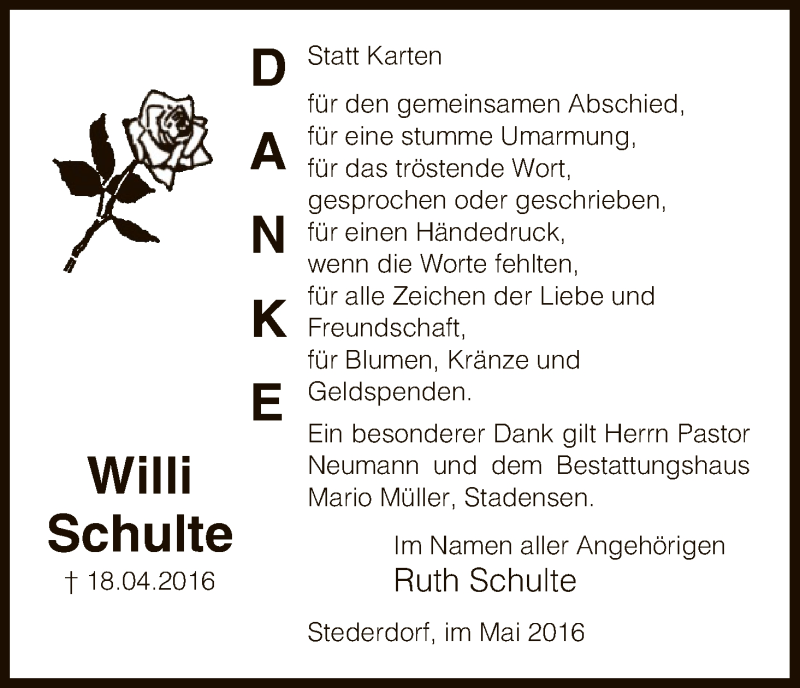  Traueranzeige für Willi Schulte vom 14.05.2016 aus Uelzen