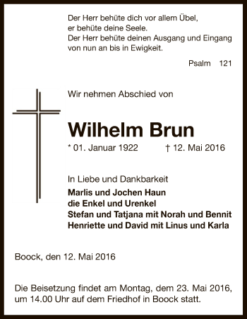 Traueranzeige von Wilhem Brun von Uelzen