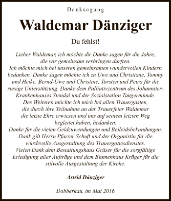 Traueranzeige von Waldemar Dänziger von Uelzen