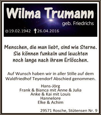 Traueranzeige von Wilma Trumann von Uelzen