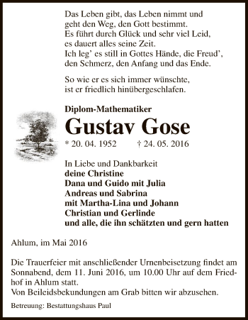 Traueranzeige von Gustav Gose von Uelzen