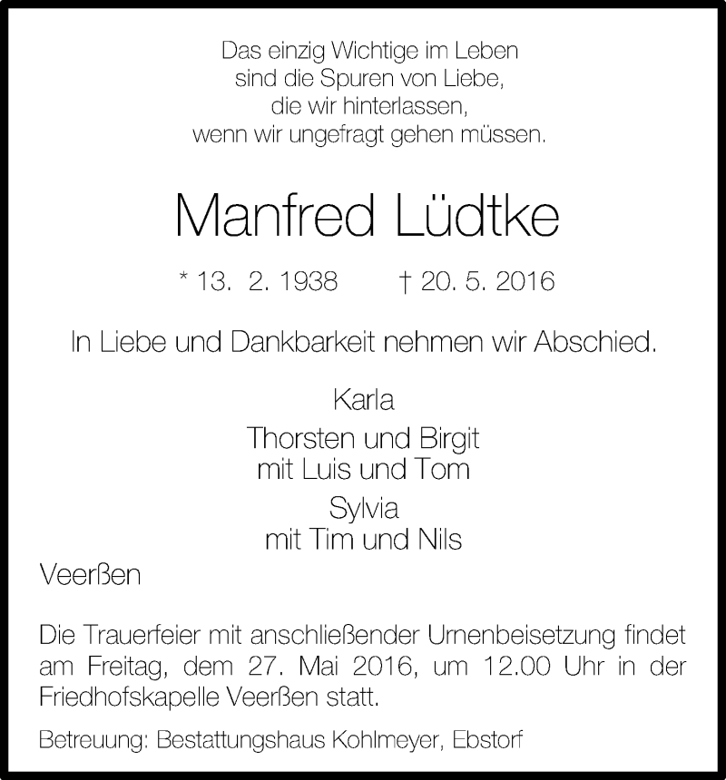  Traueranzeige für Manfred Lüdtke vom 24.05.2016 aus Uelzen