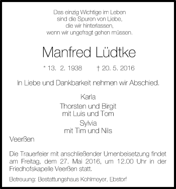 Traueranzeige von Manfred Lüdtke von Uelzen