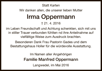 Traueranzeige von Irma Oppermann von Uelzen