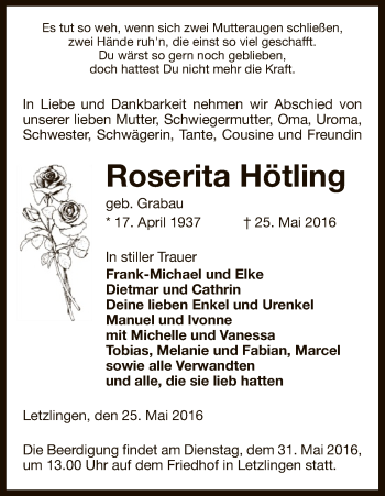 Traueranzeige von Roserita Hötling von Uelzen