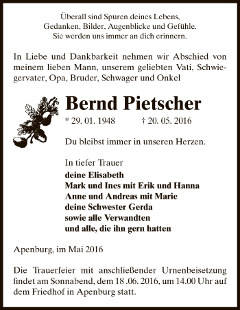 Traueranzeige von Bernd Pietscher von Uelzen