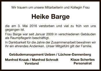 Traueranzeige von Heike Barge von Uelzen