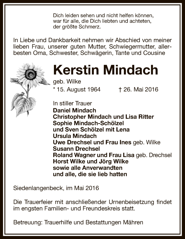  Traueranzeige für Kerstin Mindach vom 28.05.2016 aus Uelzen