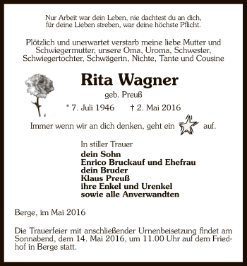 Traueranzeige von Rita Wagner von Uelzen