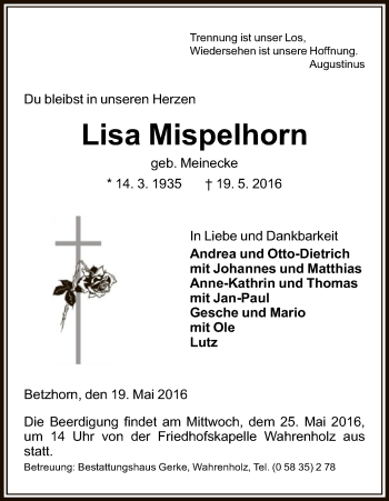 Traueranzeige von Lisa Mispelhorn von Uelzen