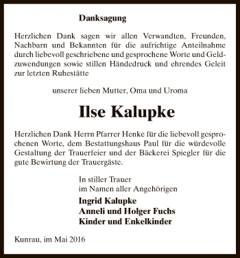 Traueranzeige von Ilse Kalupke von Uelzen