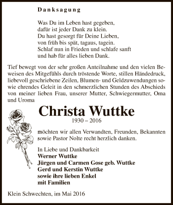 Traueranzeige von Christa Wuttke von Uelzen