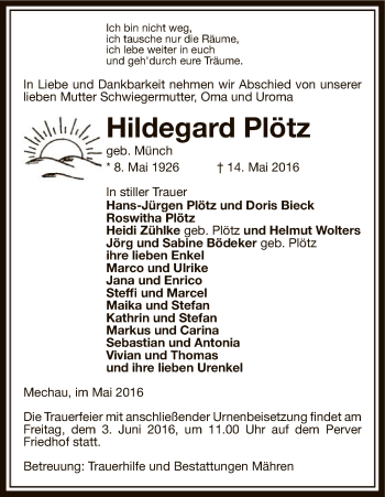 Traueranzeige von Hildegard Plötz von Uelzen