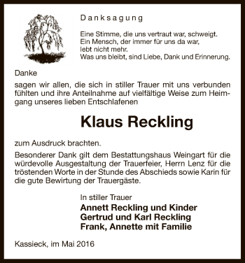 Traueranzeige von Klaus Reckling von Uelzen