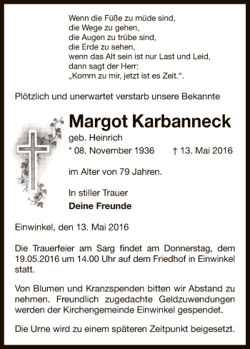 Traueranzeige von Margot Karbanneck von Uelzen