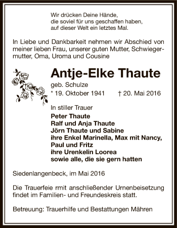 Traueranzeige von Antje-Elke Thaute von Uelzen