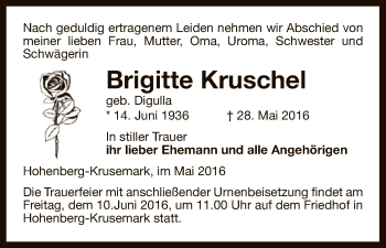 Traueranzeige von Brigitte Kruschel von Uelzen