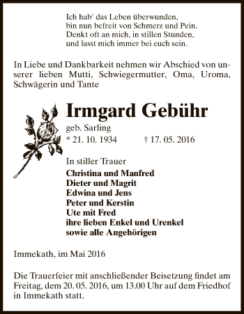 Traueranzeige von Irmgard Gebühr von Uelzen