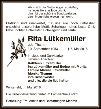 Traueranzeige von Rita Lütkemüller von Uelzen