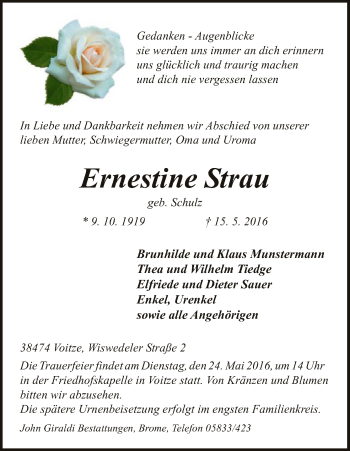 Traueranzeige von Ernestine Strau von Uelzen